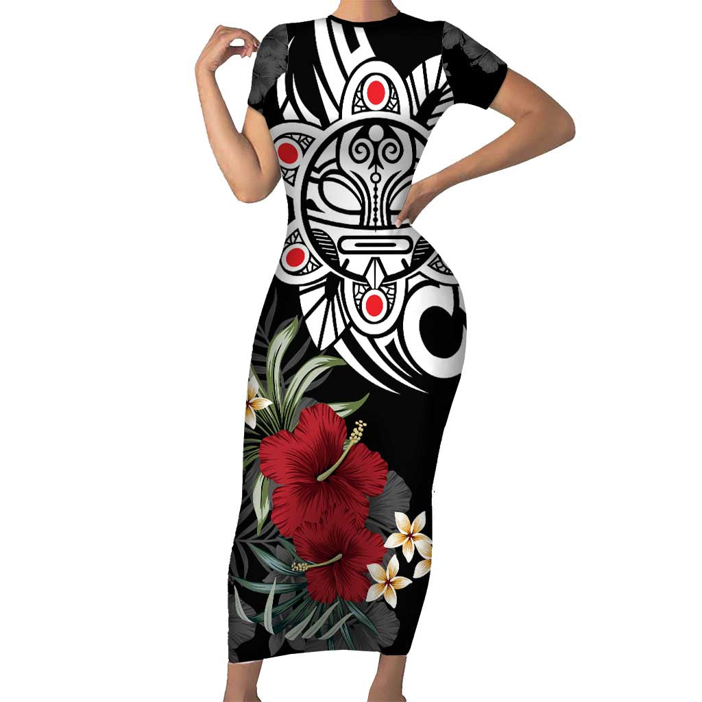 Taino Sun Tribal Short Sleeve Bodycon Dress Tropical Hibiscus - Wonder Print Shop