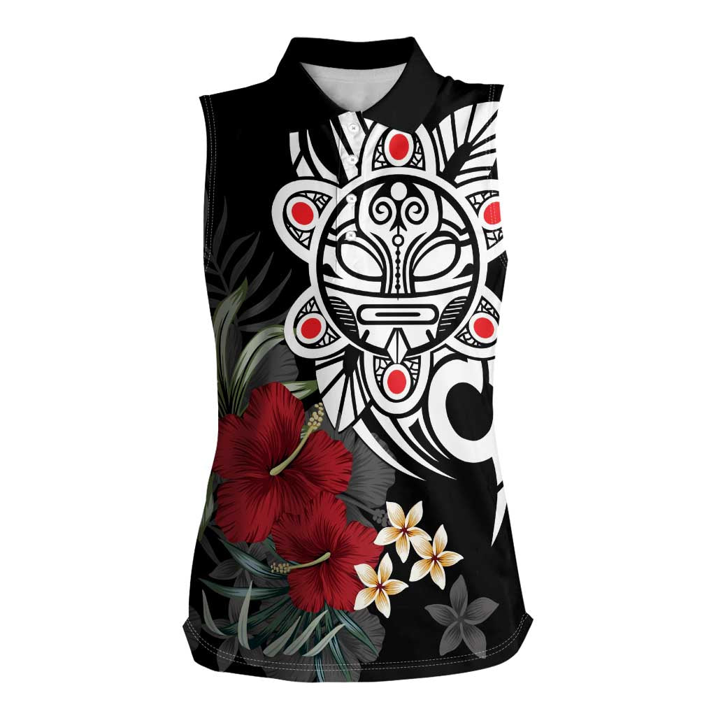 Taino Sun Tribal Women Sleeveless Polo Shirt Tropical Hibiscus - Wonder Print Shop
