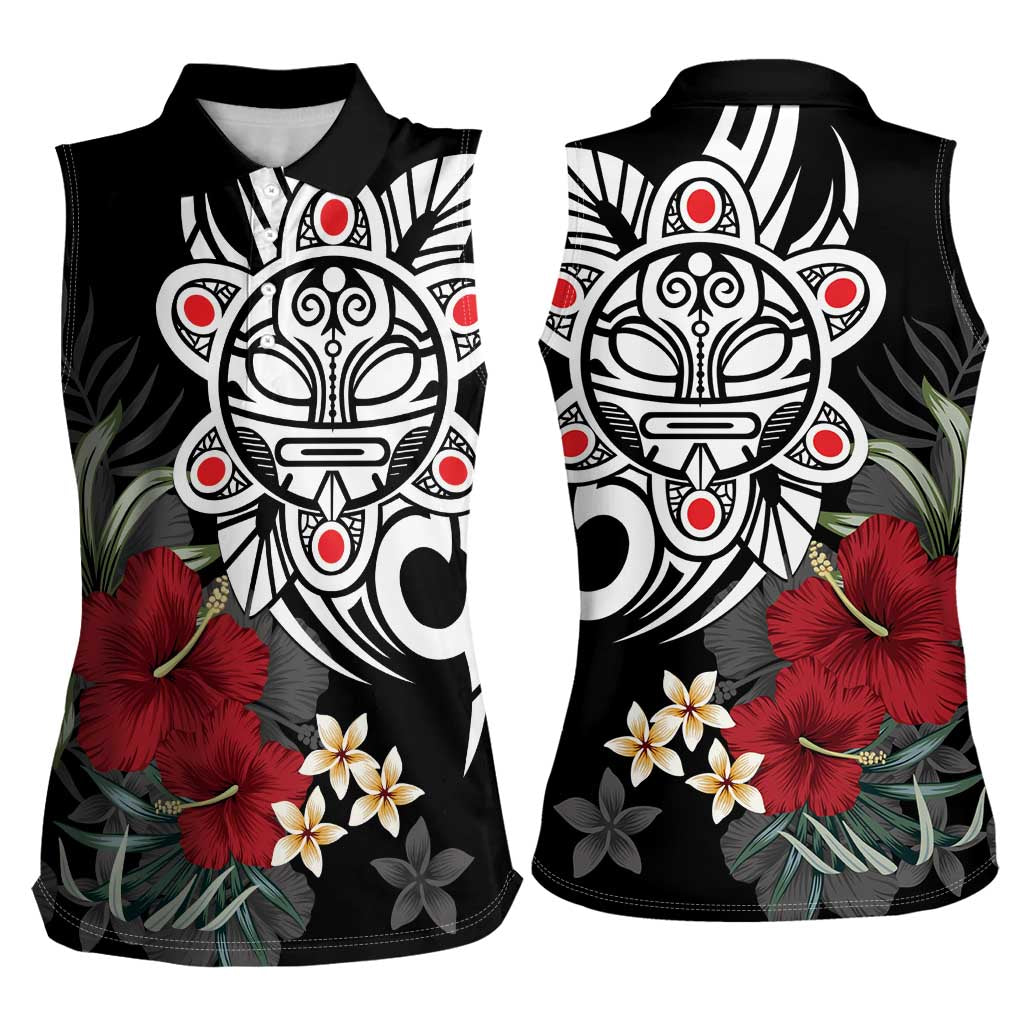 Taino Sun Tribal Women Sleeveless Polo Shirt Tropical Hibiscus - Wonder Print Shop