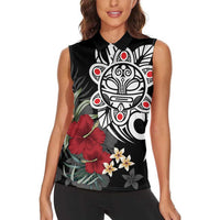 Taino Sun Tribal Women Sleeveless Polo Shirt Tropical Hibiscus - Wonder Print Shop