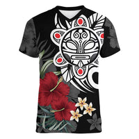 Taino Sun Tribal Women V-Neck T-Shirt Tropical Hibiscus - Wonder Print Shop
