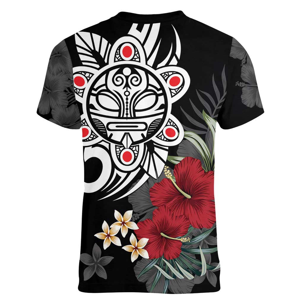 Taino Sun Tribal Women V-Neck T-Shirt Tropical Hibiscus - Wonder Print Shop