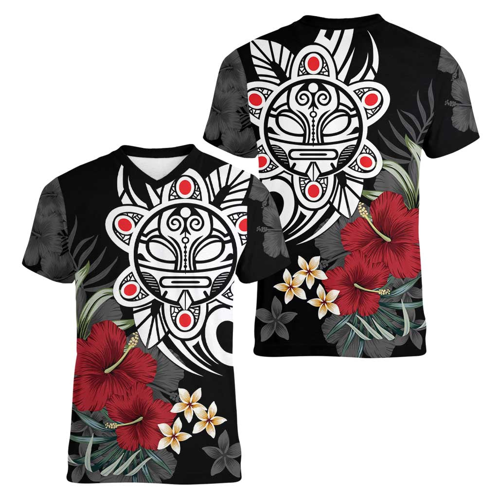 Taino Sun Tribal Women V-Neck T-Shirt Tropical Hibiscus - Wonder Print Shop