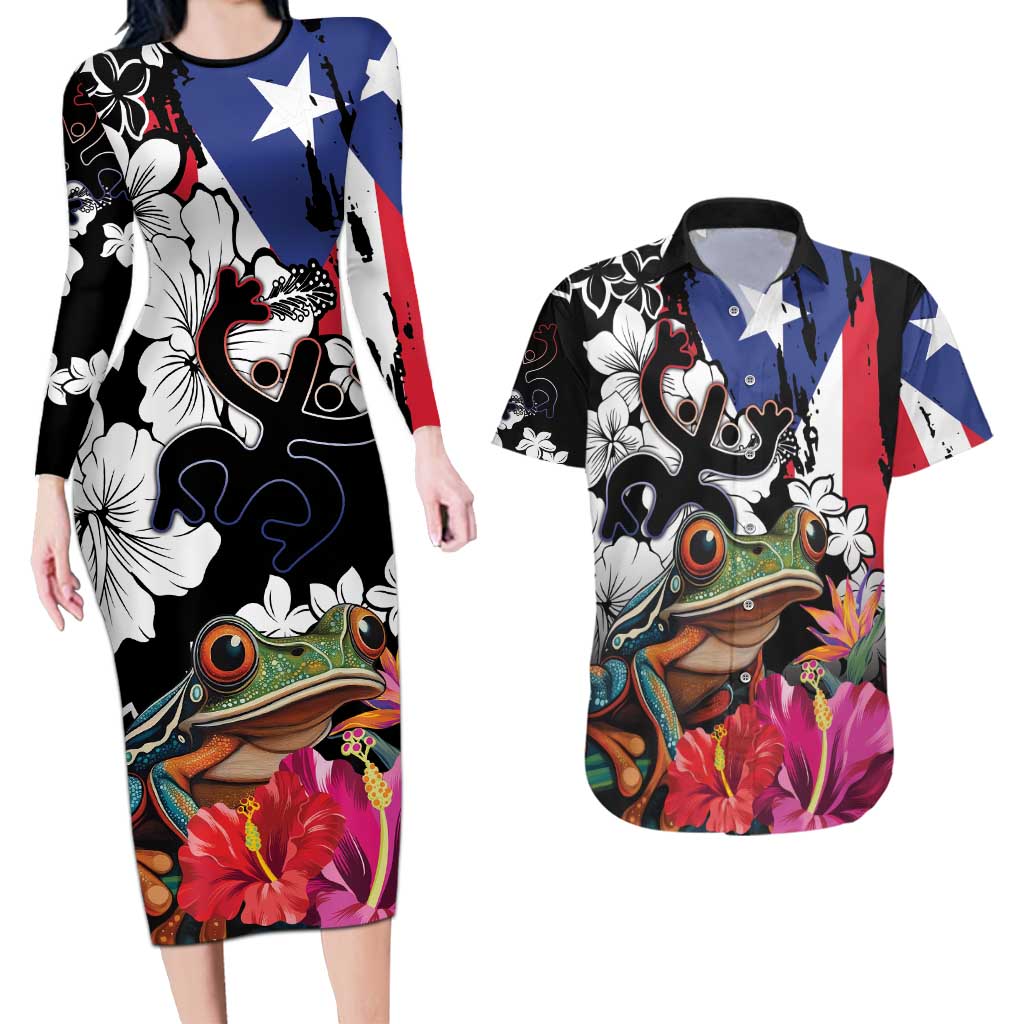 Boricua Taino Coqui Tropical Couples Matching Long Sleeve Bodycon Dress and Hawaiian Shirt Puerto Rico Grunge Flag - Wonder Print Shop