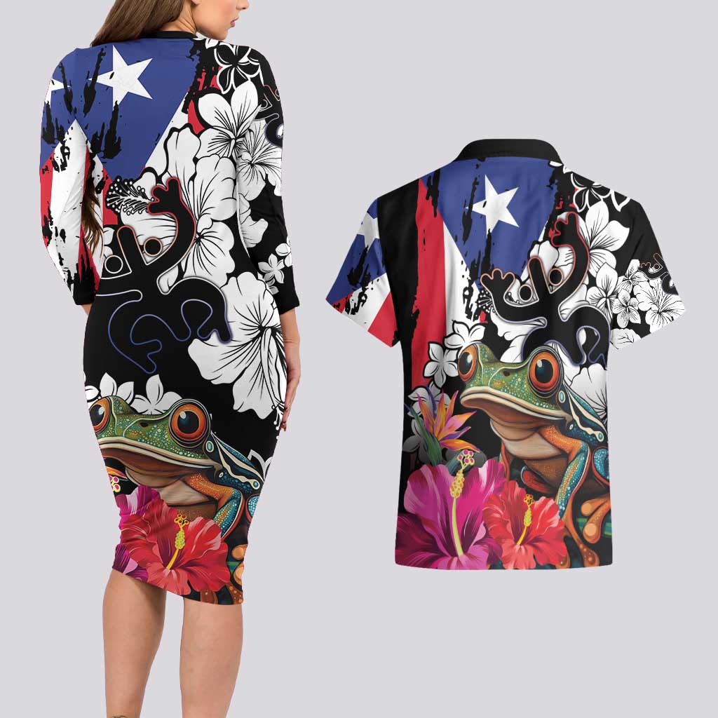 Boricua Taino Coqui Tropical Couples Matching Long Sleeve Bodycon Dress and Hawaiian Shirt Puerto Rico Grunge Flag - Wonder Print Shop