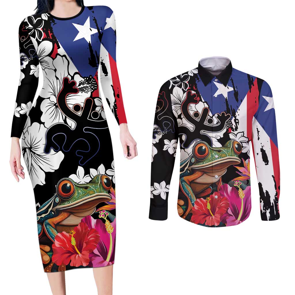 Boricua Taino Coqui Tropical Couples Matching Long Sleeve Bodycon Dress and Long Sleeve Button Shirt Puerto Rico Grunge Flag - Wonder Print Shop
