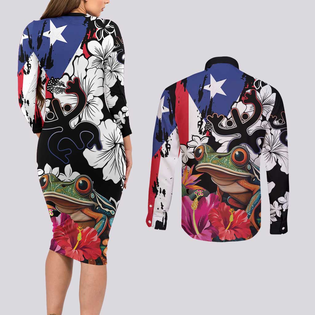 Boricua Taino Coqui Tropical Couples Matching Long Sleeve Bodycon Dress and Long Sleeve Button Shirt Puerto Rico Grunge Flag - Wonder Print Shop
