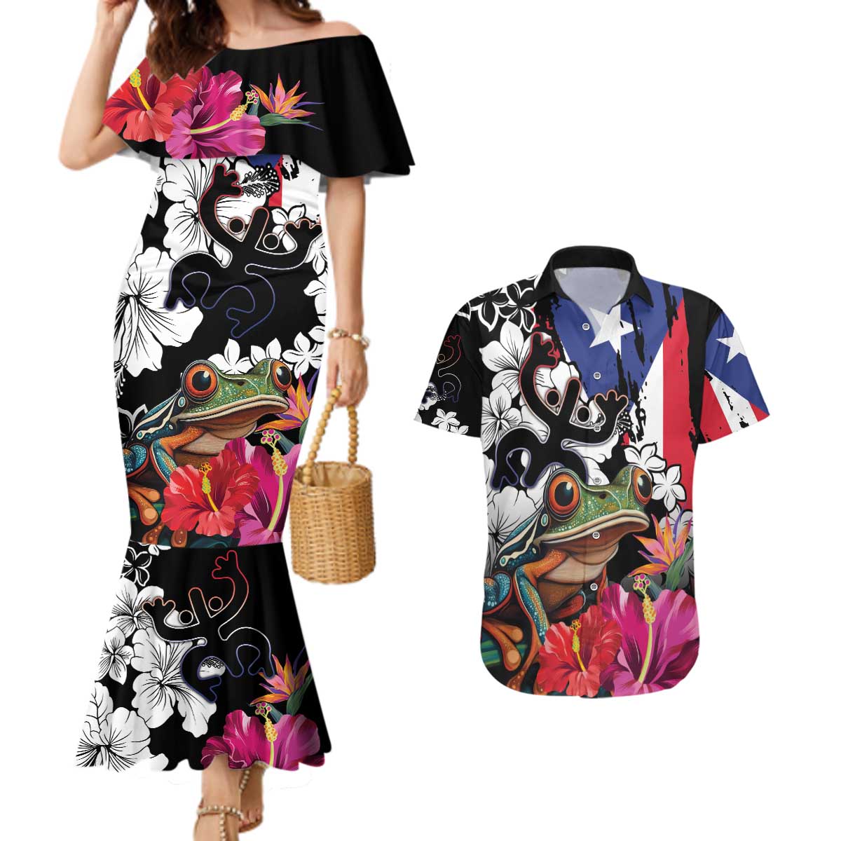 Boricua Taino Coqui Tropical Couples Matching Mermaid Dress and Hawaiian Shirt Puerto Rico Grunge Flag - Wonder Print Shop