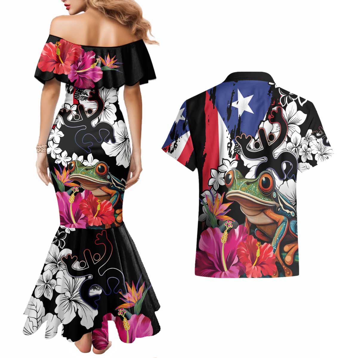 Boricua Taino Coqui Tropical Couples Matching Mermaid Dress and Hawaiian Shirt Puerto Rico Grunge Flag - Wonder Print Shop