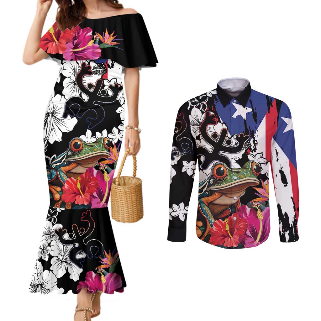 Boricua Taino Coqui Tropical Couples Matching Mermaid Dress and Long Sleeve Button Shirt Puerto Rico Grunge Flag