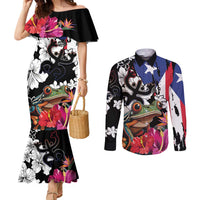 Boricua Taino Coqui Tropical Couples Matching Mermaid Dress and Long Sleeve Button Shirt Puerto Rico Grunge Flag