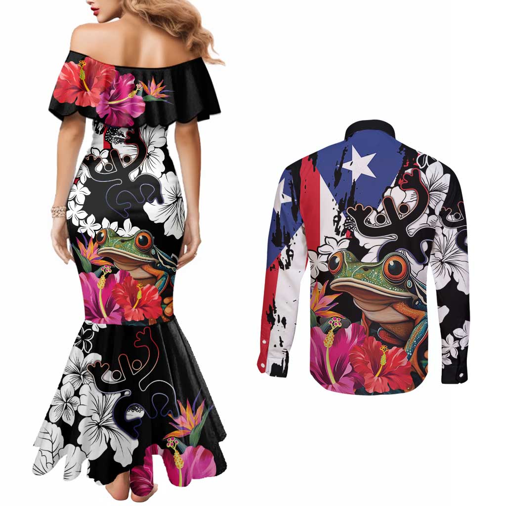 Boricua Taino Coqui Tropical Couples Matching Mermaid Dress and Long Sleeve Button Shirt Puerto Rico Grunge Flag
