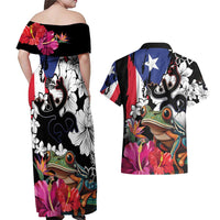 Boricua Taino Coqui Tropical Couples Matching Off Shoulder Maxi Dress and Hawaiian Shirt Puerto Rico Grunge Flag - Wonder Print Shop