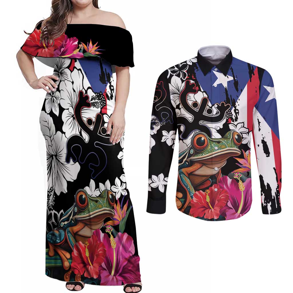 Boricua Taino Coqui Tropical Couples Matching Off Shoulder Maxi Dress and Long Sleeve Button Shirt Puerto Rico Grunge Flag - Wonder Print Shop