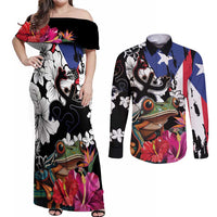 Boricua Taino Coqui Tropical Couples Matching Off Shoulder Maxi Dress and Long Sleeve Button Shirt Puerto Rico Grunge Flag - Wonder Print Shop