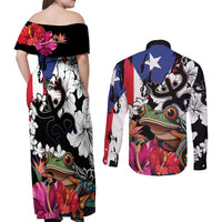 Boricua Taino Coqui Tropical Couples Matching Off Shoulder Maxi Dress and Long Sleeve Button Shirt Puerto Rico Grunge Flag - Wonder Print Shop