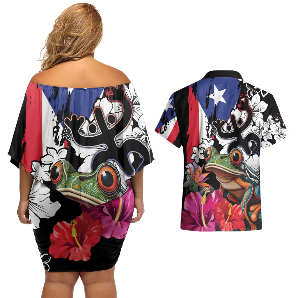 Boricua Taino Coqui Tropical Couples Matching Off Shoulder Short Dress and Hawaiian Shirt Puerto Rico Grunge Flag - Wonder Print Shop