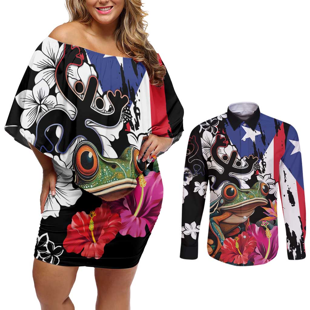 Boricua Taino Coqui Tropical Couples Matching Off Shoulder Short Dress and Long Sleeve Button Shirt Puerto Rico Grunge Flag - Wonder Print Shop