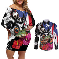 Boricua Taino Coqui Tropical Couples Matching Off Shoulder Short Dress and Long Sleeve Button Shirt Puerto Rico Grunge Flag - Wonder Print Shop