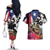 Boricua Taino Coqui Tropical Couples Matching Off The Shoulder Long Sleeve Dress and Hawaiian Shirt Puerto Rico Grunge Flag - Wonder Print Shop