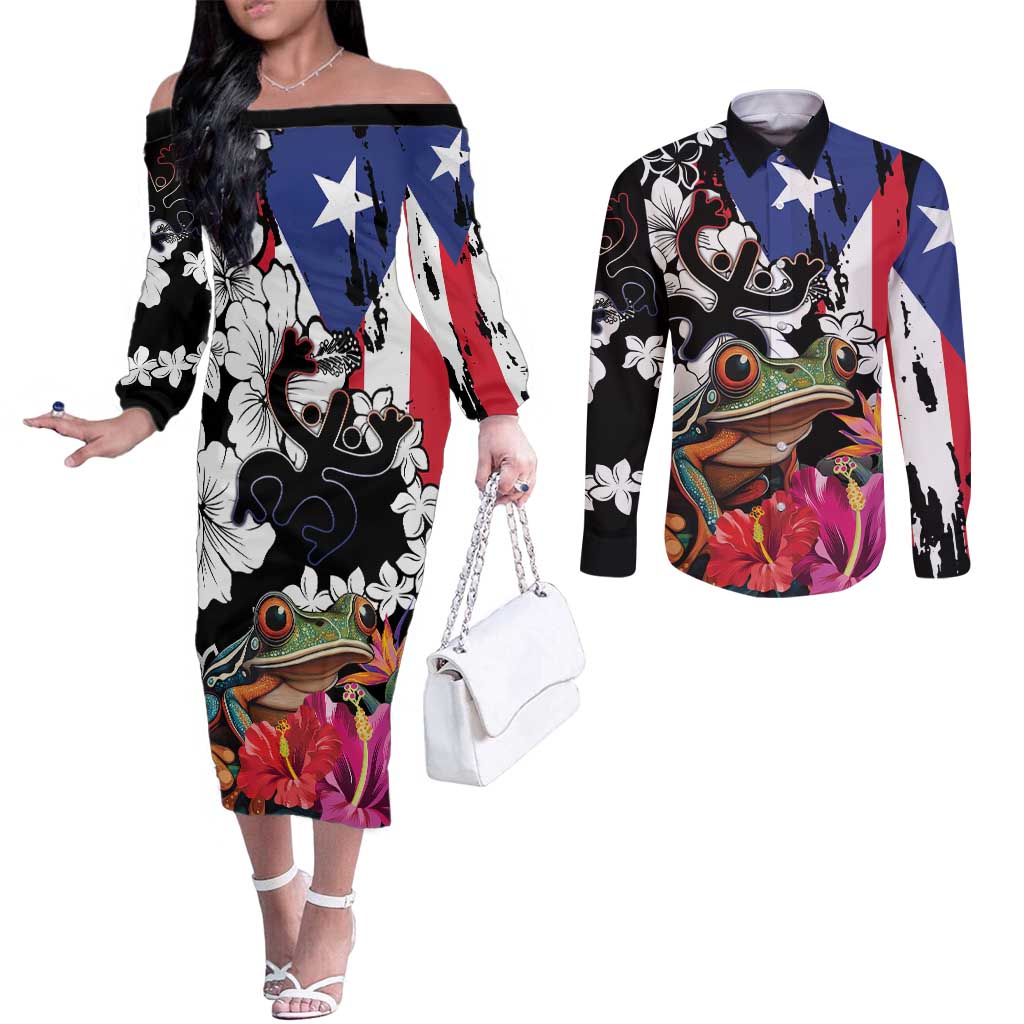 Boricua Taino Coqui Tropical Couples Matching Off The Shoulder Long Sleeve Dress and Long Sleeve Button Shirt Puerto Rico Grunge Flag