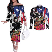 Boricua Taino Coqui Tropical Couples Matching Off The Shoulder Long Sleeve Dress and Long Sleeve Button Shirt Puerto Rico Grunge Flag