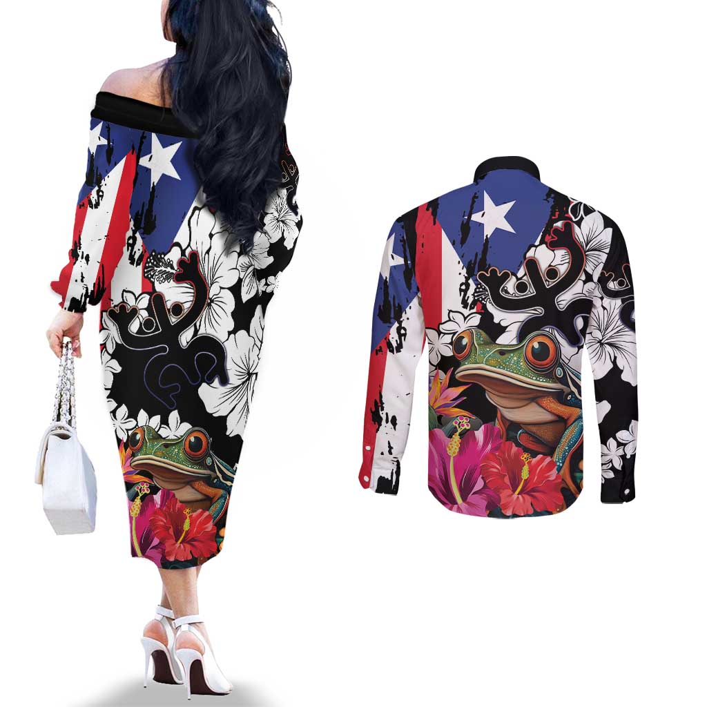 Boricua Taino Coqui Tropical Couples Matching Off The Shoulder Long Sleeve Dress and Long Sleeve Button Shirt Puerto Rico Grunge Flag