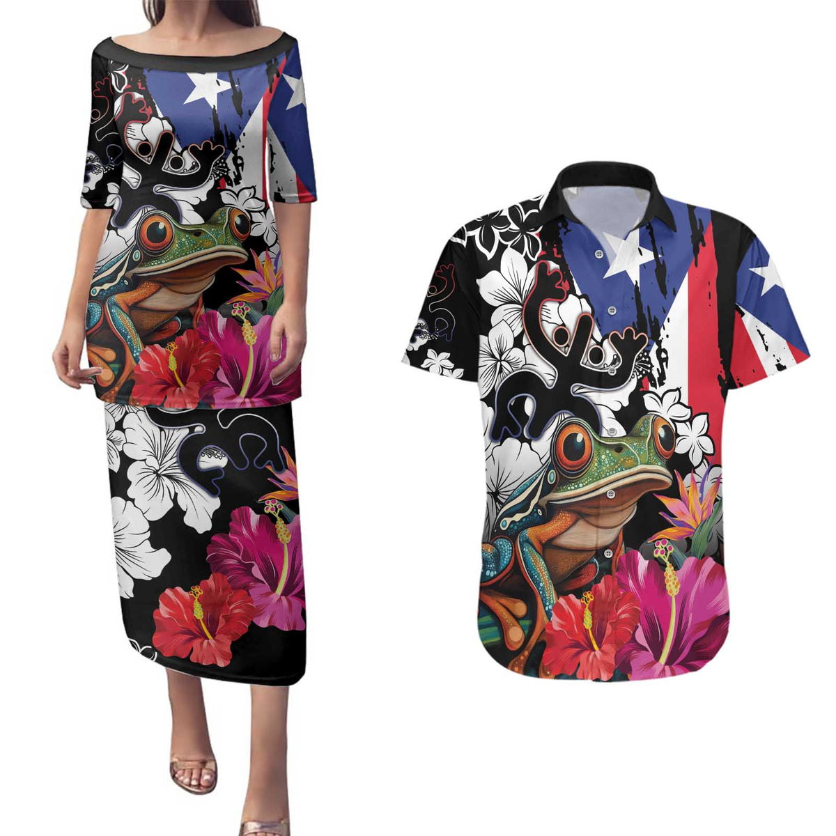 Boricua Taino Coqui Tropical Couples Matching Puletasi and Hawaiian Shirt Puerto Rico Grunge Flag - Wonder Print Shop