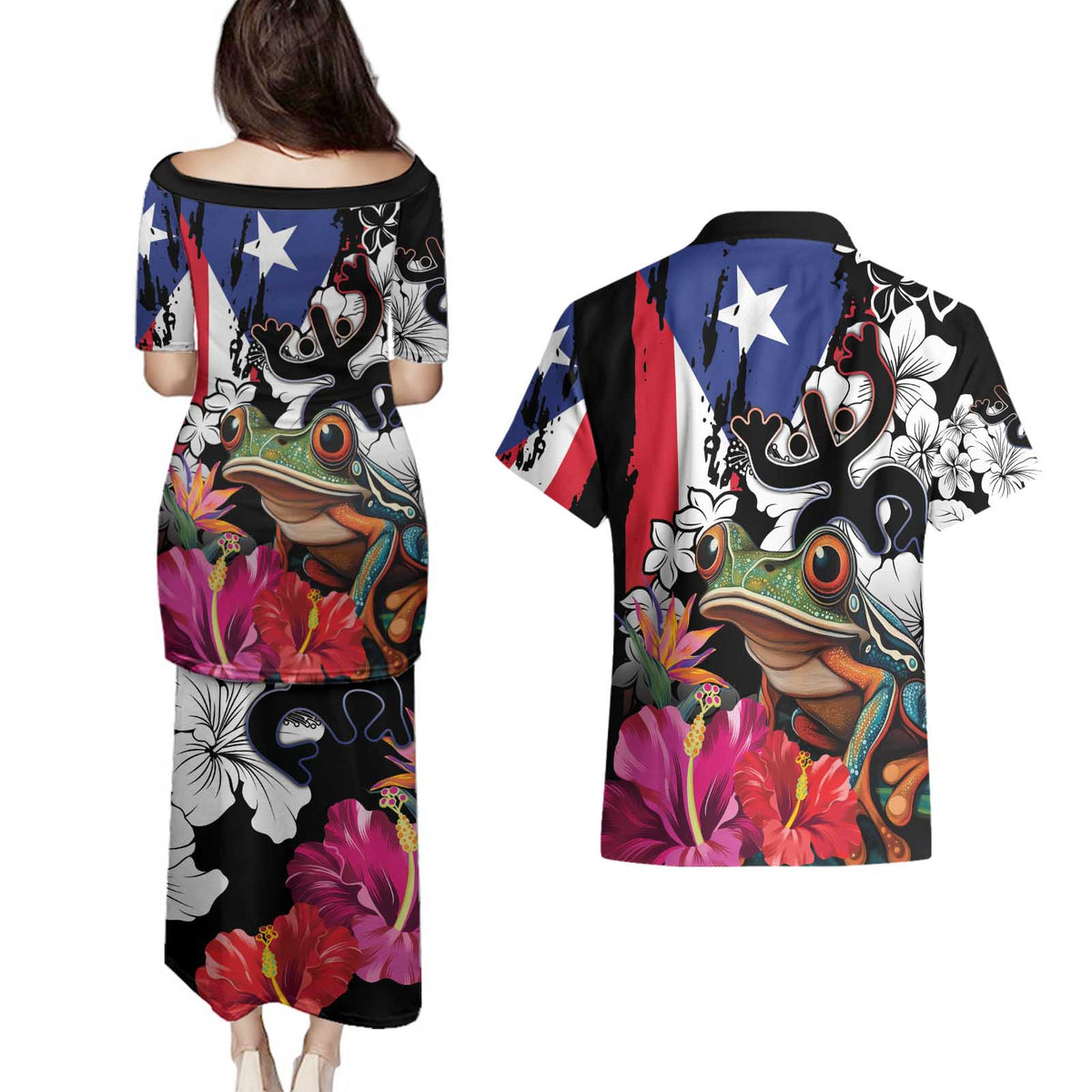 Boricua Taino Coqui Tropical Couples Matching Puletasi and Hawaiian Shirt Puerto Rico Grunge Flag - Wonder Print Shop
