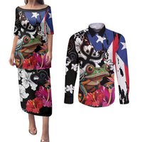 Boricua Taino Coqui Tropical Couples Matching Puletasi and Long Sleeve Button Shirt Puerto Rico Grunge Flag - Wonder Print Shop