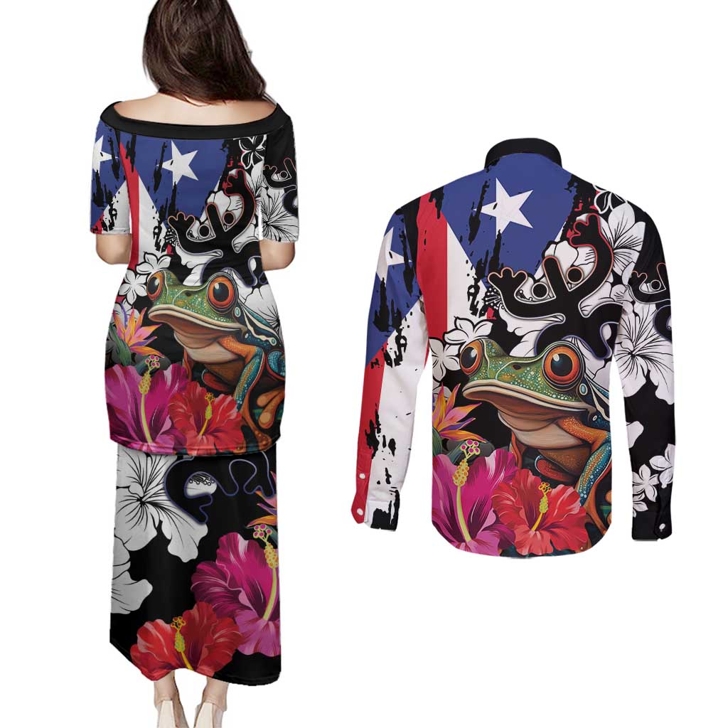 Boricua Taino Coqui Tropical Couples Matching Puletasi and Long Sleeve Button Shirt Puerto Rico Grunge Flag - Wonder Print Shop