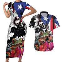 Boricua Taino Coqui Tropical Couples Matching Short Sleeve Bodycon Dress and Hawaiian Shirt Puerto Rico Grunge Flag - Wonder Print Shop
