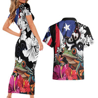 Boricua Taino Coqui Tropical Couples Matching Short Sleeve Bodycon Dress and Hawaiian Shirt Puerto Rico Grunge Flag - Wonder Print Shop