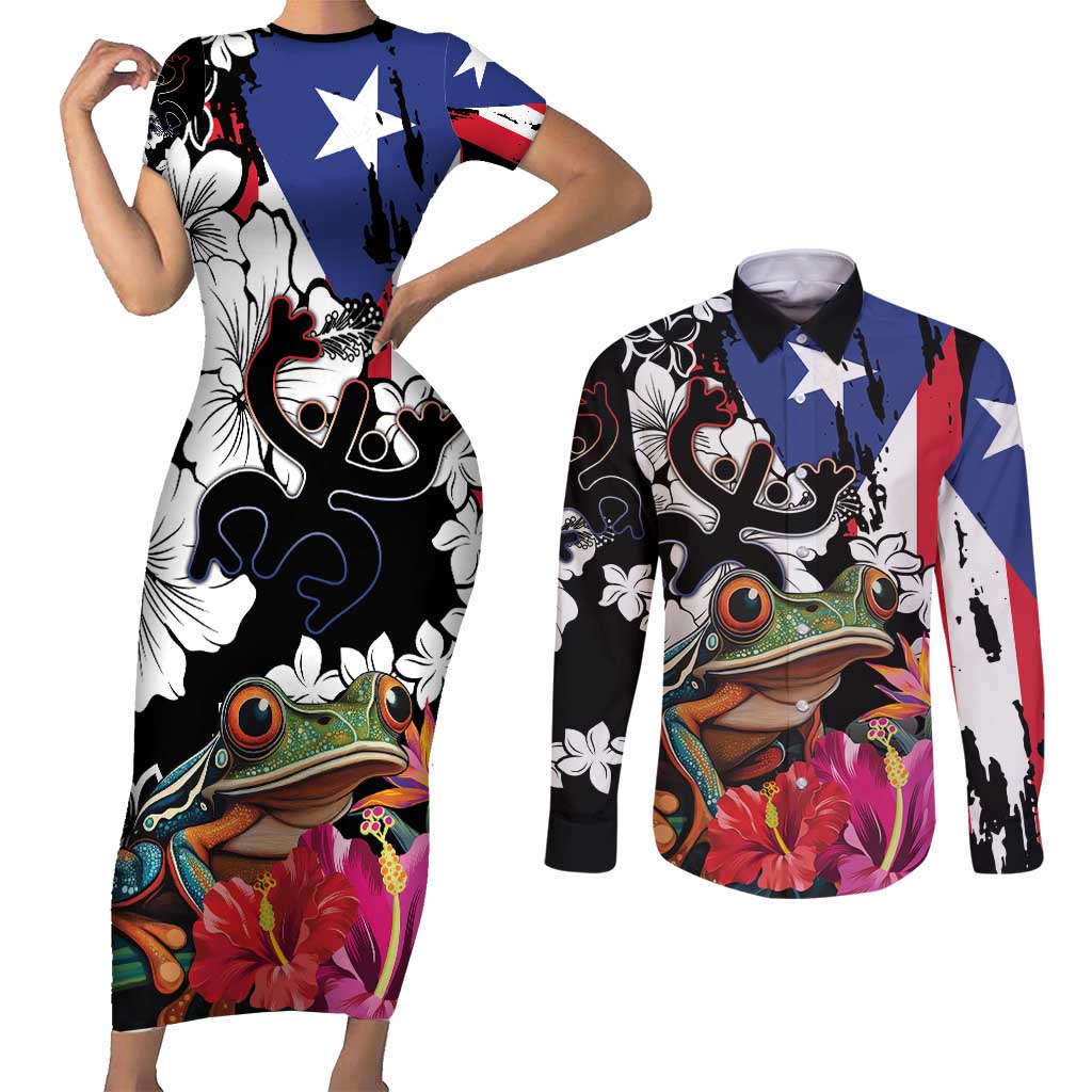 Boricua Taino Coqui Tropical Couples Matching Short Sleeve Bodycon Dress and Long Sleeve Button Shirt Puerto Rico Grunge Flag - Wonder Print Shop