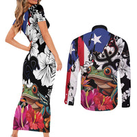 Boricua Taino Coqui Tropical Couples Matching Short Sleeve Bodycon Dress and Long Sleeve Button Shirt Puerto Rico Grunge Flag - Wonder Print Shop