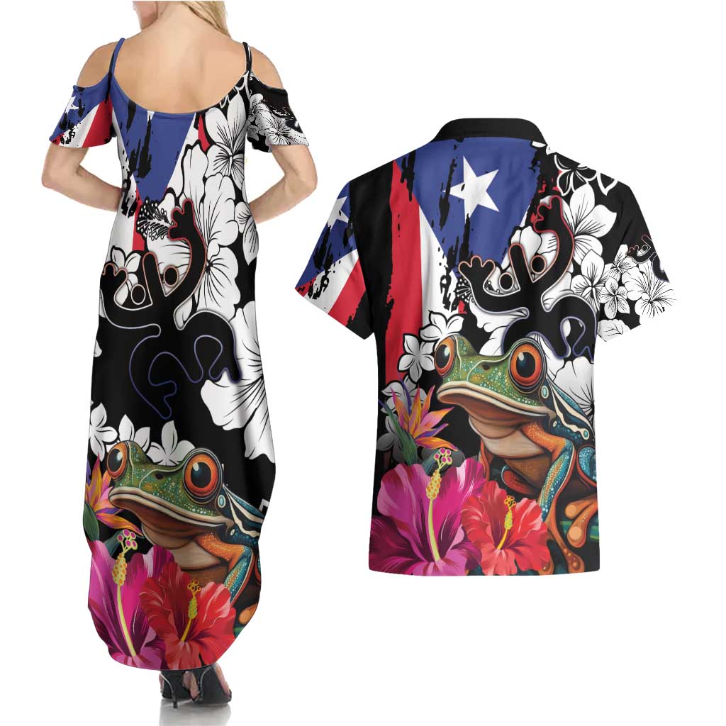 Boricua Taino Coqui Tropical Couples Matching Summer Maxi Dress and Hawaiian Shirt Puerto Rico Grunge Flag - Wonder Print Shop