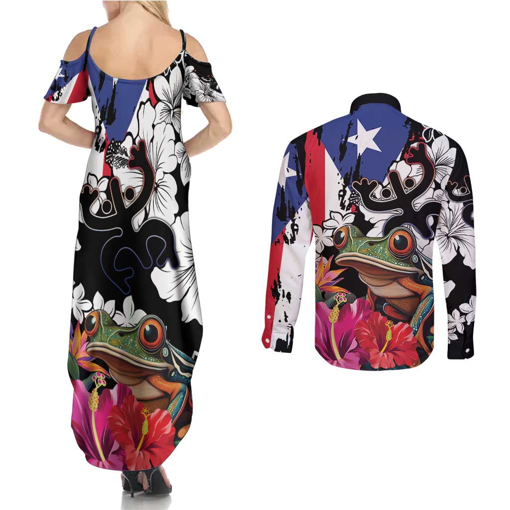 Boricua Taino Coqui Tropical Couples Matching Summer Maxi Dress and Long Sleeve Button Shirt Puerto Rico Grunge Flag - Wonder Print Shop