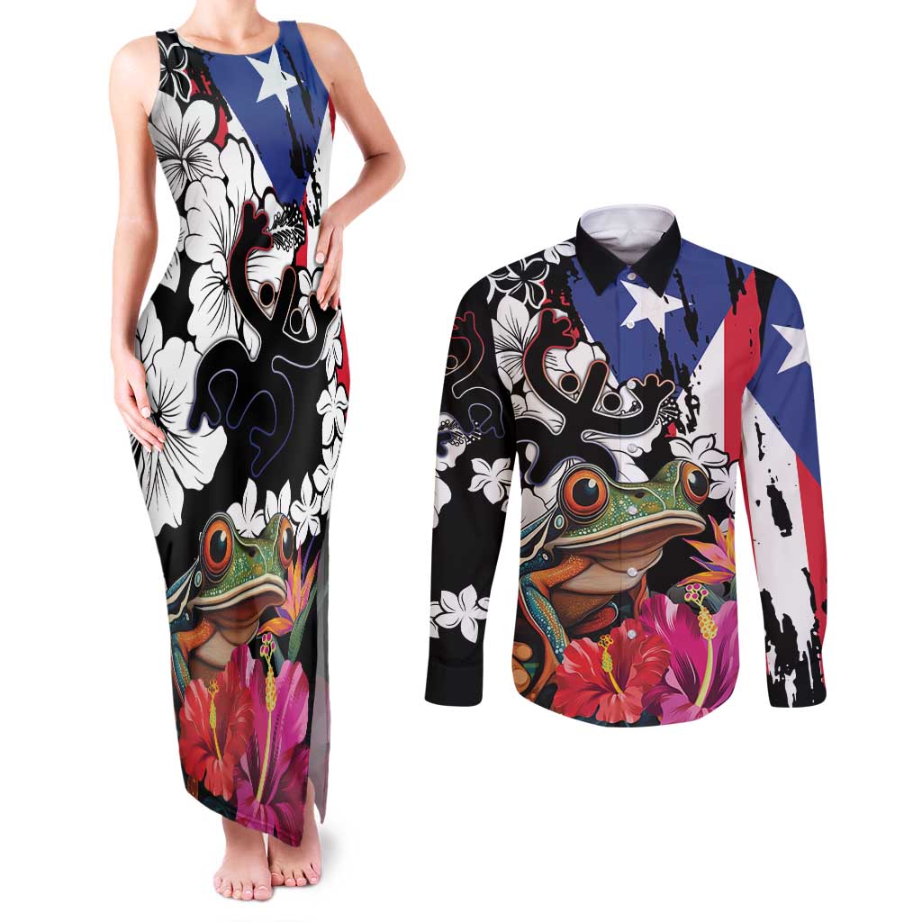 Boricua Taino Coqui Tropical Couples Matching Tank Maxi Dress and Long Sleeve Button Shirt Puerto Rico Grunge Flag - Wonder Print Shop