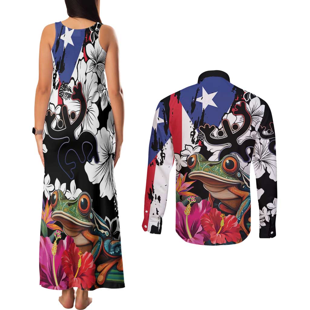 Boricua Taino Coqui Tropical Couples Matching Tank Maxi Dress and Long Sleeve Button Shirt Puerto Rico Grunge Flag - Wonder Print Shop