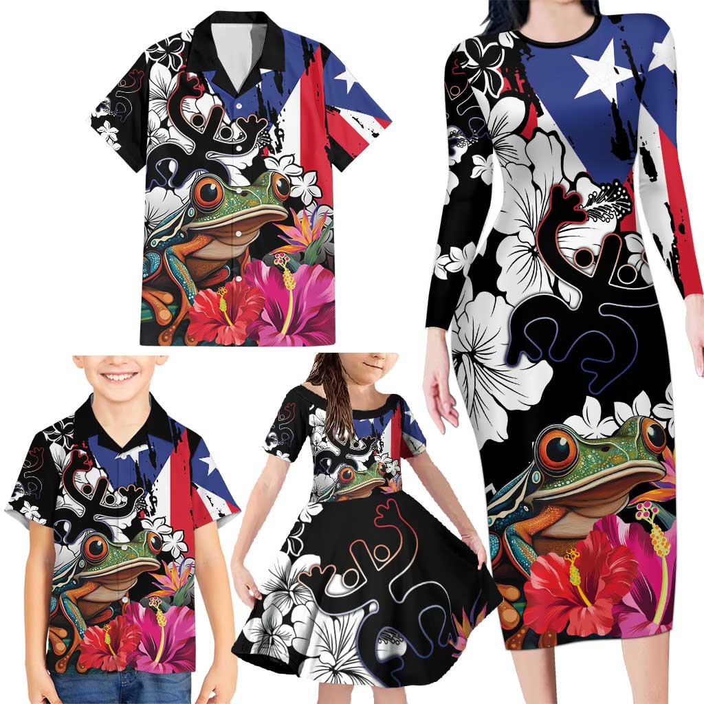 Boricua Taino Coqui Tropical Family Matching Long Sleeve Bodycon Dress and Hawaiian Shirt Puerto Rico Grunge Flag - Wonder Print Shop