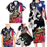 Boricua Taino Coqui Tropical Family Matching Long Sleeve Bodycon Dress and Hawaiian Shirt Puerto Rico Grunge Flag - Wonder Print Shop