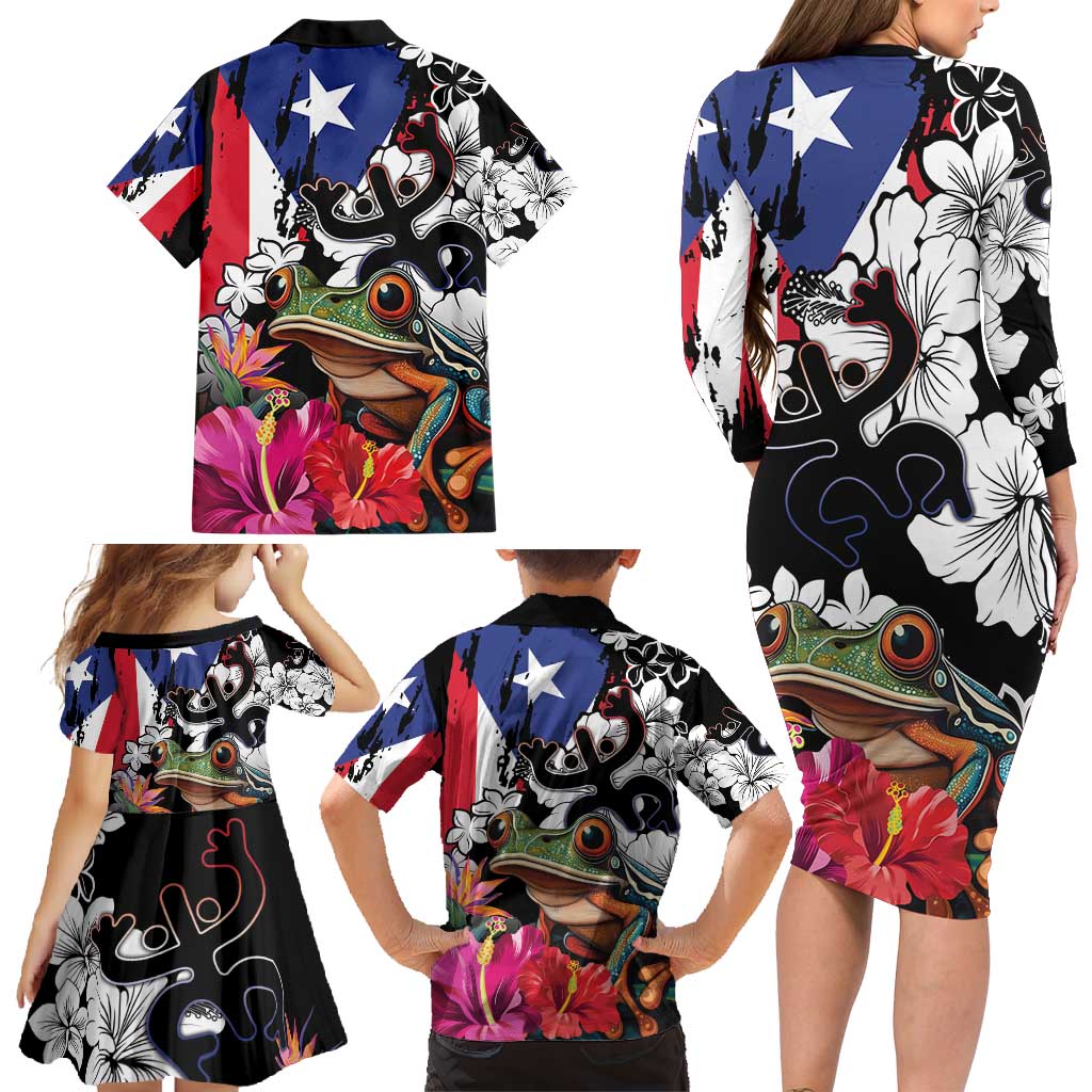 Boricua Taino Coqui Tropical Family Matching Long Sleeve Bodycon Dress and Hawaiian Shirt Puerto Rico Grunge Flag - Wonder Print Shop