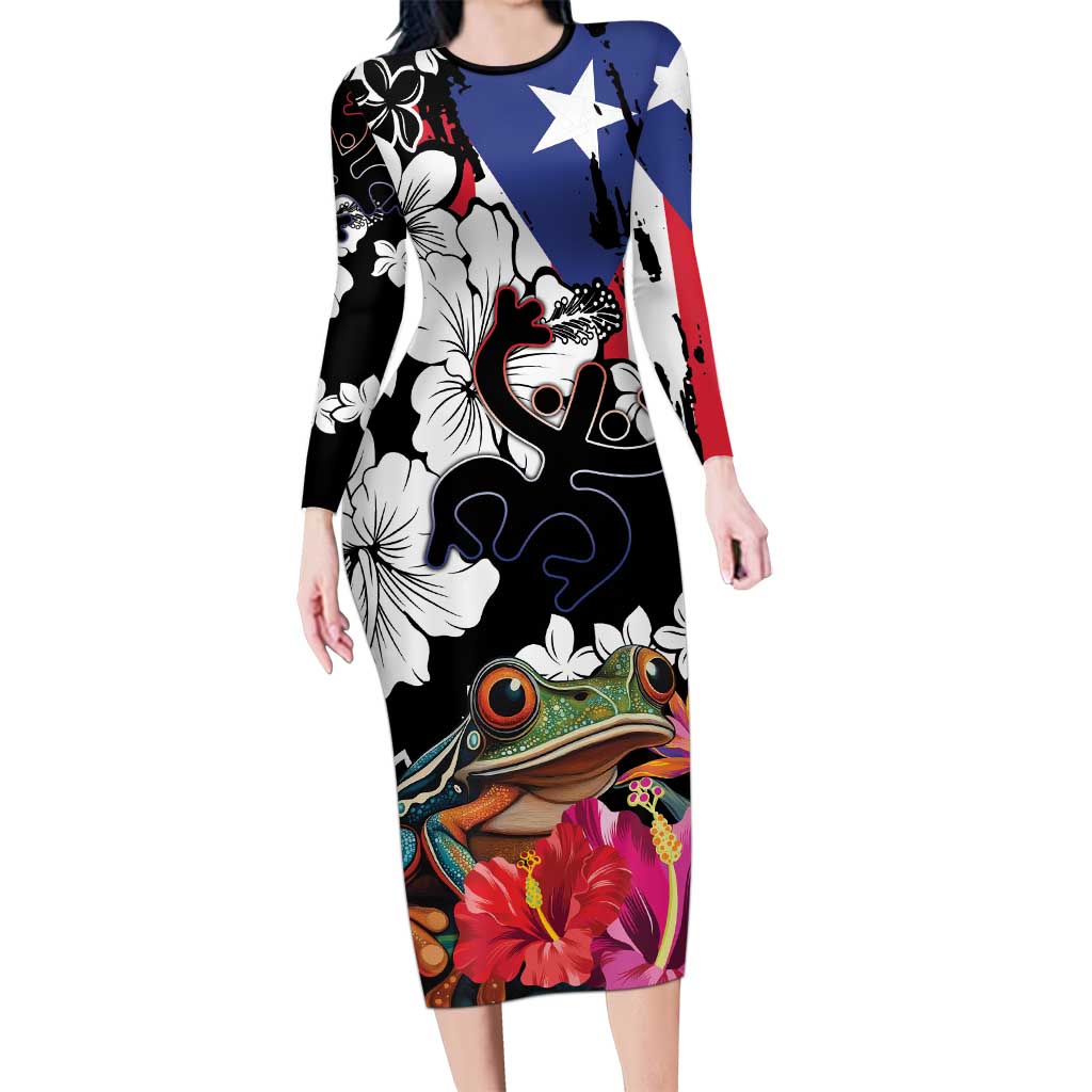 Boricua Taino Coqui Tropical Family Matching Long Sleeve Bodycon Dress and Hawaiian Shirt Puerto Rico Grunge Flag - Wonder Print Shop