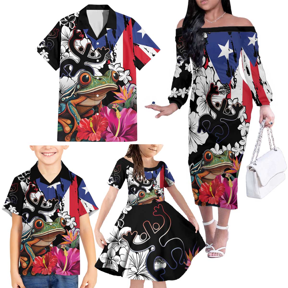 Boricua Taino Coqui Tropical Family Matching Off The Shoulder Long Sleeve Dress and Hawaiian Shirt Puerto Rico Grunge Flag - Wonder Print Shop
