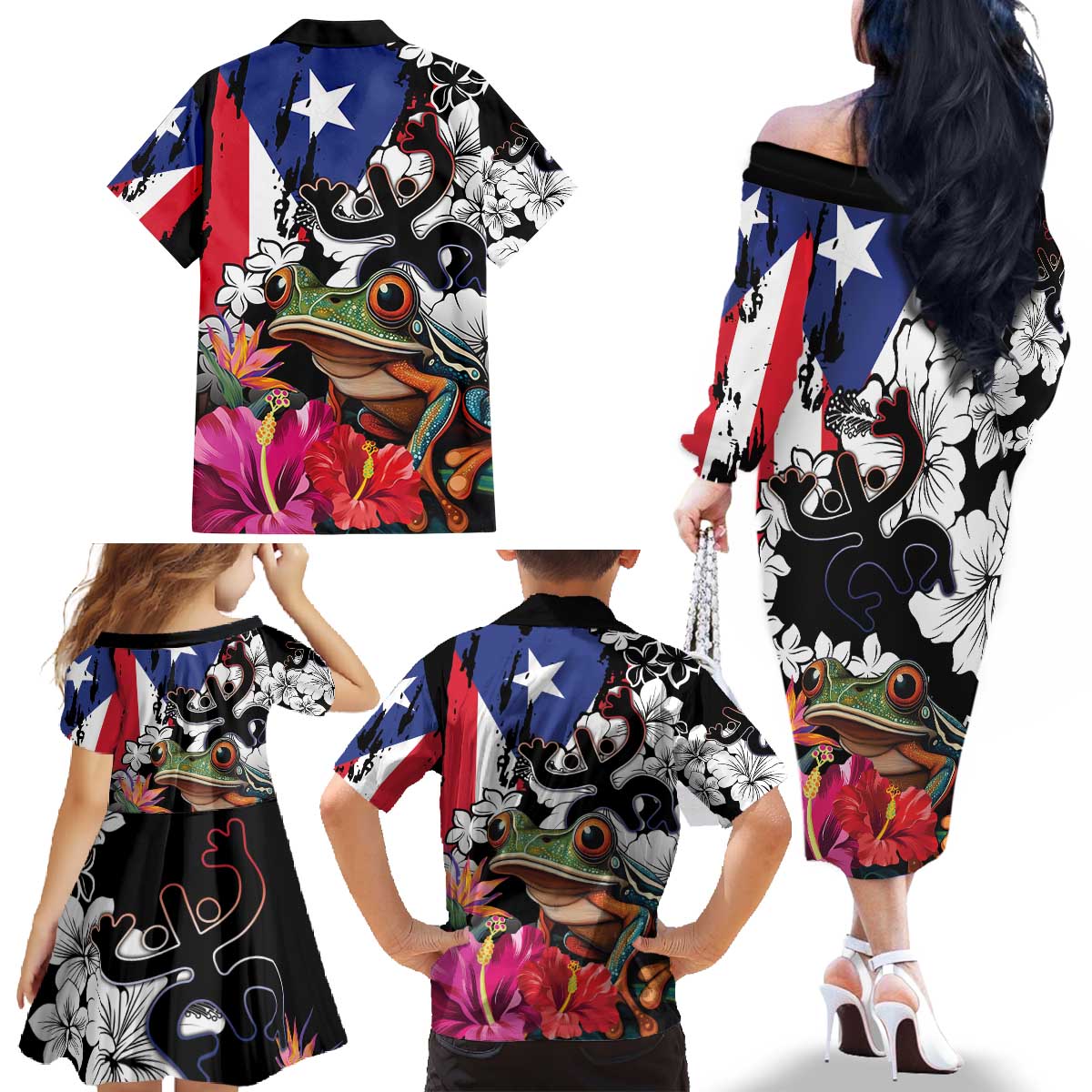 Boricua Taino Coqui Tropical Family Matching Off The Shoulder Long Sleeve Dress and Hawaiian Shirt Puerto Rico Grunge Flag - Wonder Print Shop