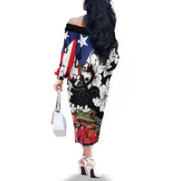 Boricua Taino Coqui Tropical Family Matching Off The Shoulder Long Sleeve Dress and Hawaiian Shirt Puerto Rico Grunge Flag - Wonder Print Shop