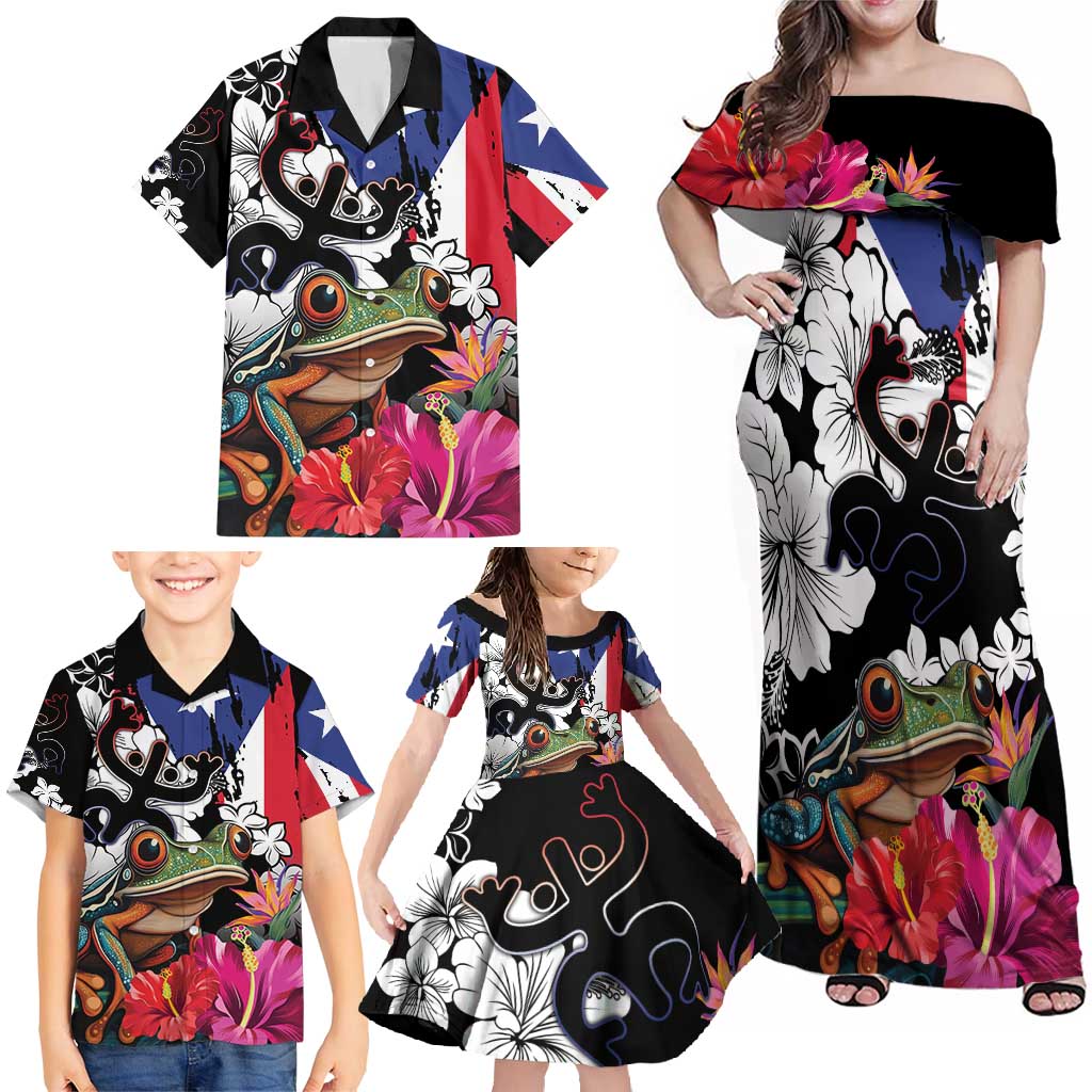 Boricua Taino Coqui Tropical Family Matching Off Shoulder Maxi Dress and Hawaiian Shirt Puerto Rico Grunge Flag - Wonder Print Shop