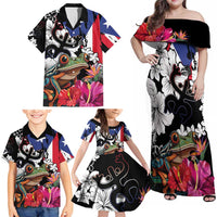 Boricua Taino Coqui Tropical Family Matching Off Shoulder Maxi Dress and Hawaiian Shirt Puerto Rico Grunge Flag - Wonder Print Shop