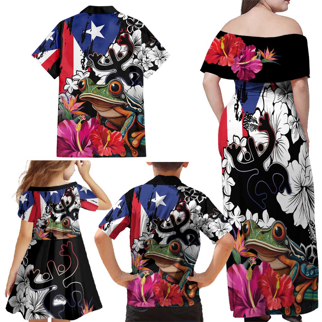 Boricua Taino Coqui Tropical Family Matching Off Shoulder Maxi Dress and Hawaiian Shirt Puerto Rico Grunge Flag - Wonder Print Shop