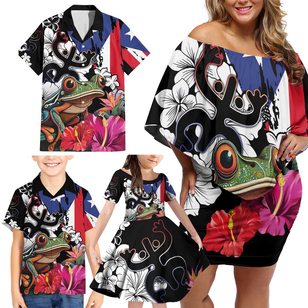 Boricua Taino Coqui Tropical Family Matching Off Shoulder Short Dress and Hawaiian Shirt Puerto Rico Grunge Flag - Wonder Print Shop